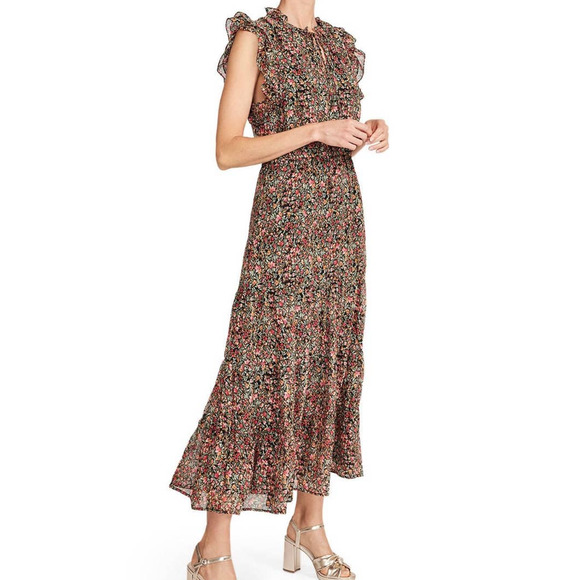 BB Dakota Steve Madden Darcy Midi Dress XS Floral Tiered Peasant Flutter Sleeve - Picture 2 of 9